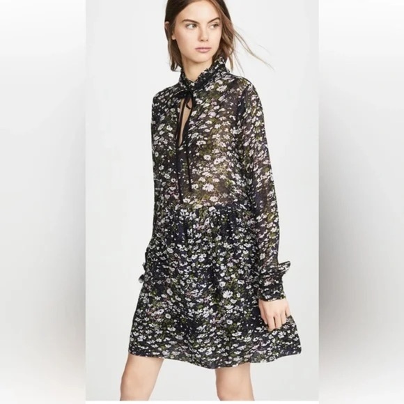 Ganni Printed Georgette Mini Dress XS Black Multi Floral - Picture 1 of 10